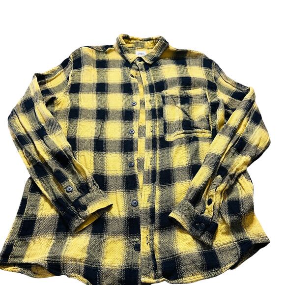 Vintage Y2K Zara Knitted Yellow Black Flannel Medium Buttondown Outdoor Layer - Picture 1 of 4